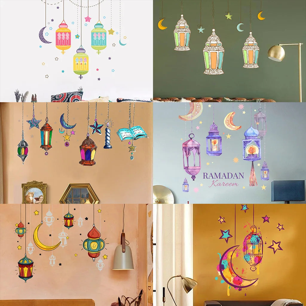 Eid Mubarak Moon Star Lantern Wall Stickers Ramadan Kareem Wall Window Decals Muslim Islamic Decorations Ramadan Home Decor