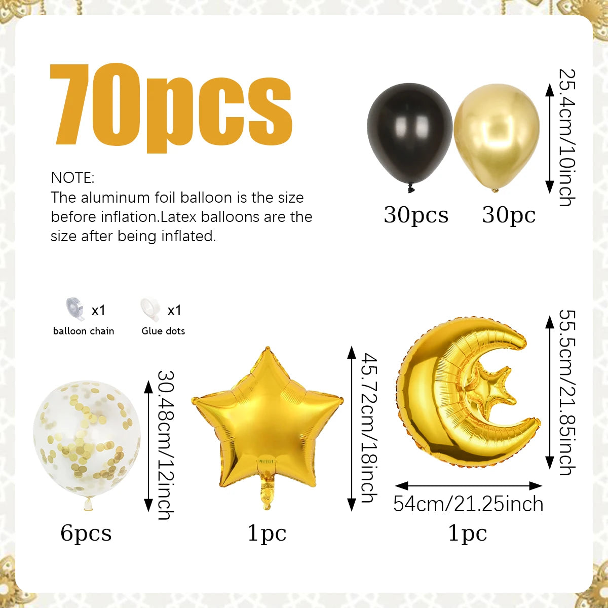 70pcs Black and Gold Ramadan Party Balloon Set, Ramadan Decorations, Eid Decorations, Eid Mubarak Party Supplies