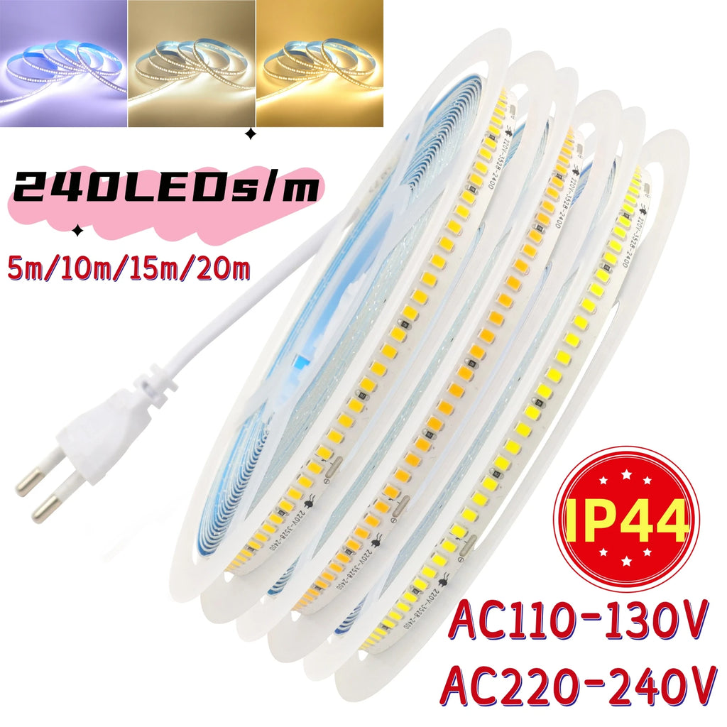 110V 220V LED Strip 2835 240LEDs/M Flexible 10CM Cuttable 5m 10m 15m 20m Soft Light Bar IP44 Waterproof Adhesive Tape Lamp