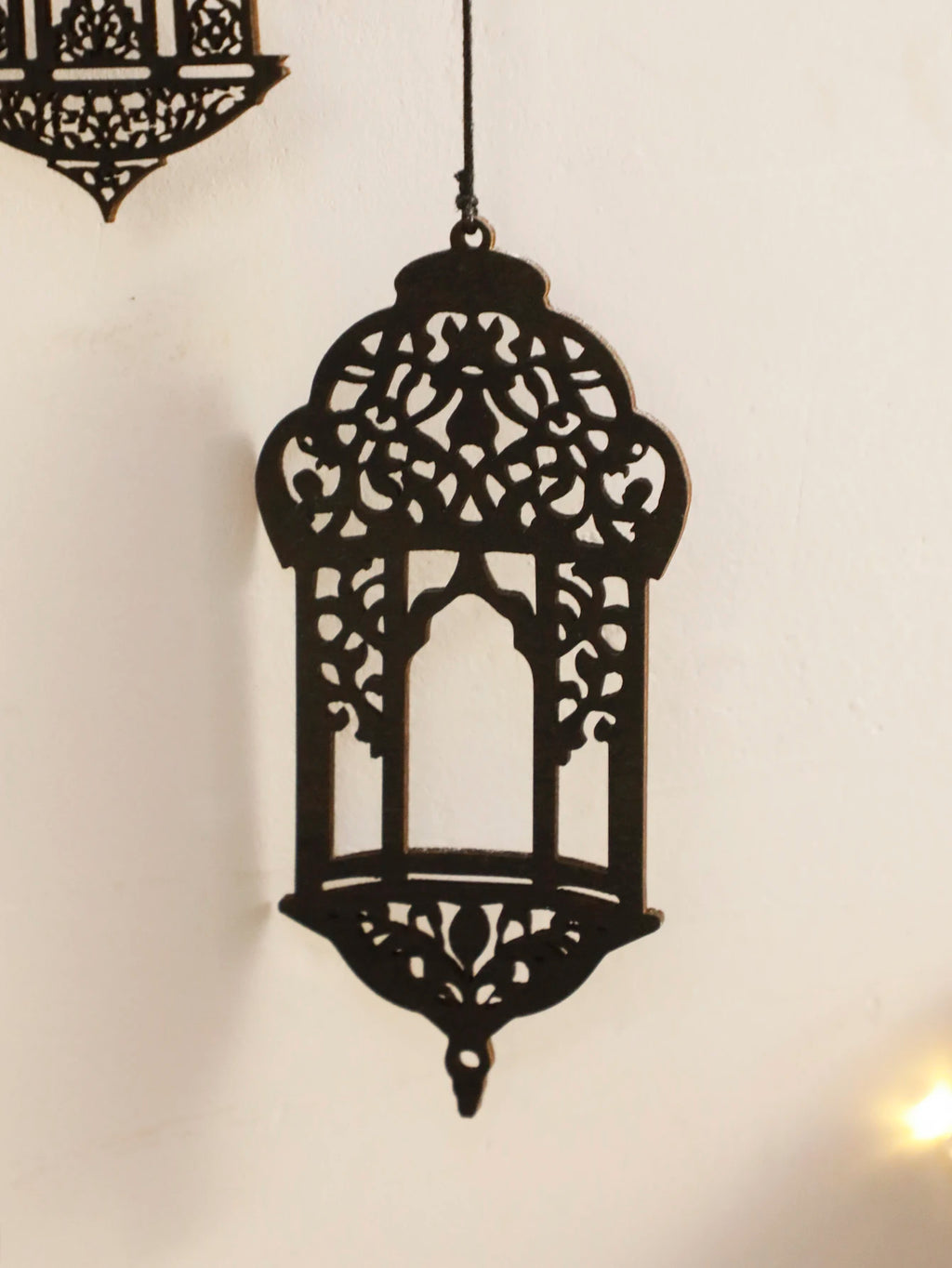 Wooden Wall Decor - Black Wooden Crescent Moon with Star Cutouts , Hanging Lanterns for Ramadan Eid, Islamic Festival Home Decor