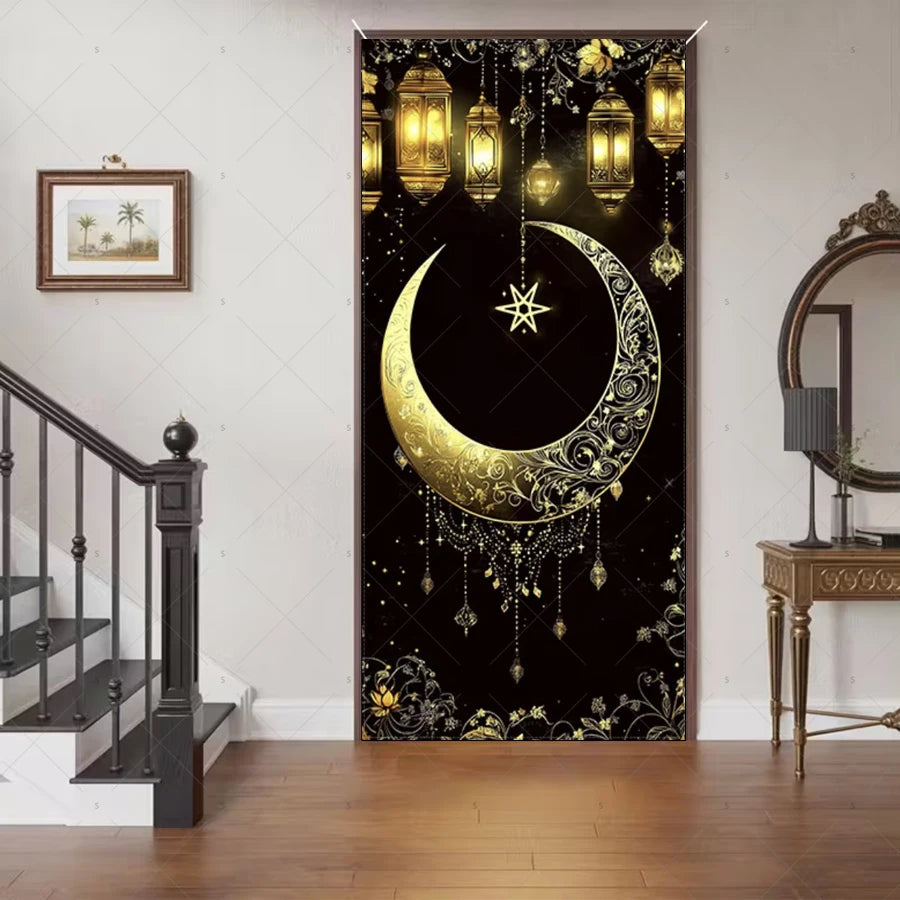 Ramadan Eid Door Cover Backdrop Supplies Moon Mosque Background Islamic Muslim Festival Theme Party Decoration Photography Props