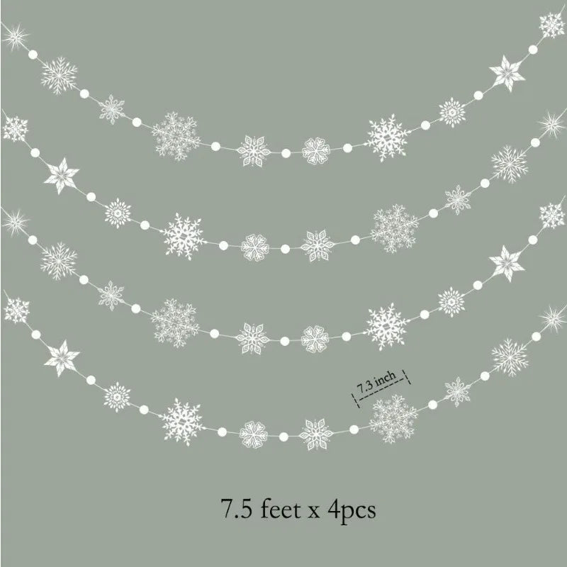 White Clear Snowflake Garland Hanging Snow Flake Kit Christmas and New Year Party Decoration for Home Winter Wonderland 4Strings