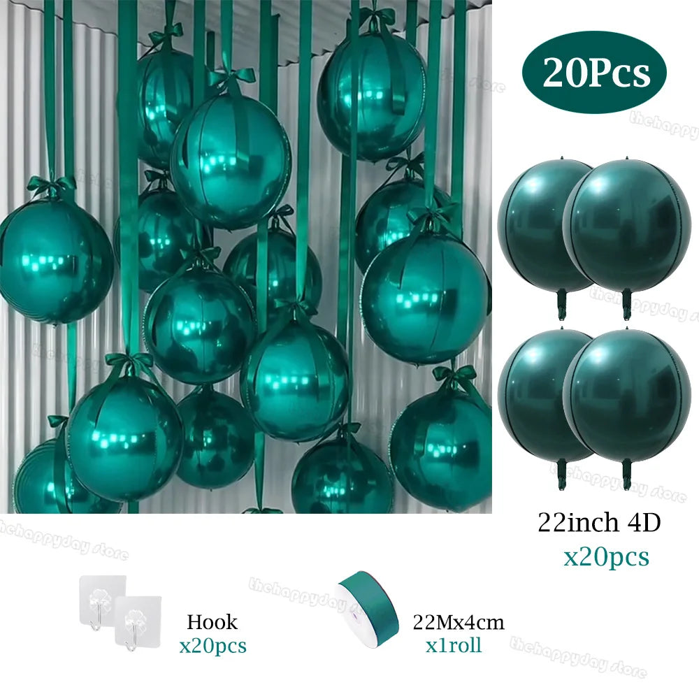 20/10Pcs Hanging 4D Round Foil Balloons 22in Dark Green 4D Round Balloon for Wedding Birthday Xmas Party Helium Air Globos Decor