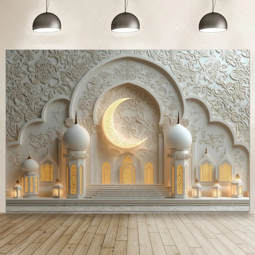 Ramadan Eid Mosque Photo Booth Backdrop Customizable Islamic Party Decoration Green Gold Banner Photography Studio Background