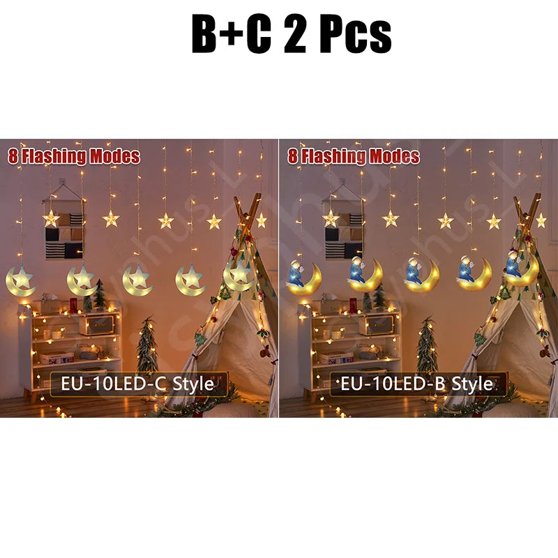 3M 10LED EU Plug Star Lamp Curtain, Ramadan Lamp for Bedroom, Home & Outdoor, Eid Party Decoration