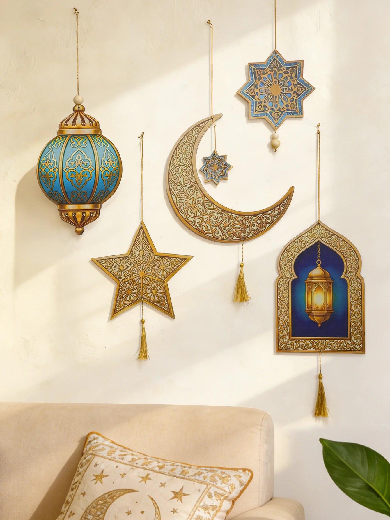 Ramadan Kareem Wall Hanging Decor Islamic Moon Star Lantern Ornaments with Tassel Muslim Festival Decoration for Home Party Gift