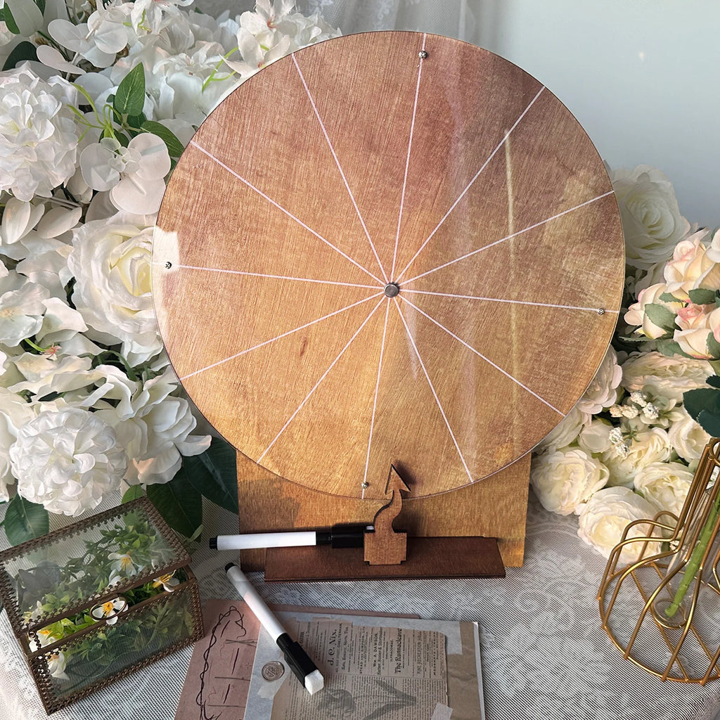 Wedding Challenge Spinning Wheel, Wooden Prize Tabletop Spinner Erasable Raffle Spinning Wheel for Wedding School Home Party