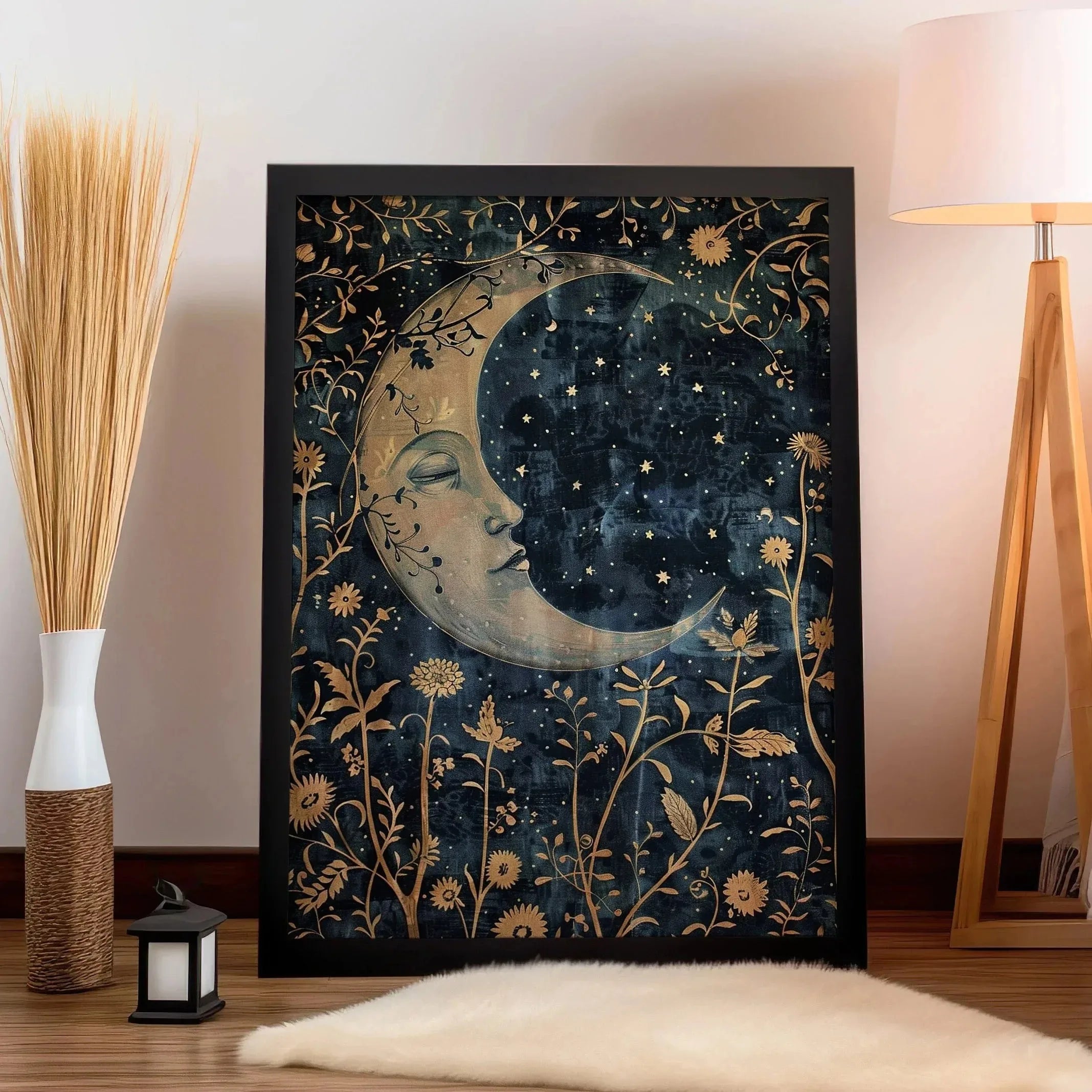 1pc Crescent Moon in Starry Night Sky Folk Art Floral Moon Stars Canvas Print Eclectic Decor Vintage Nature Wall Art Moody Decor