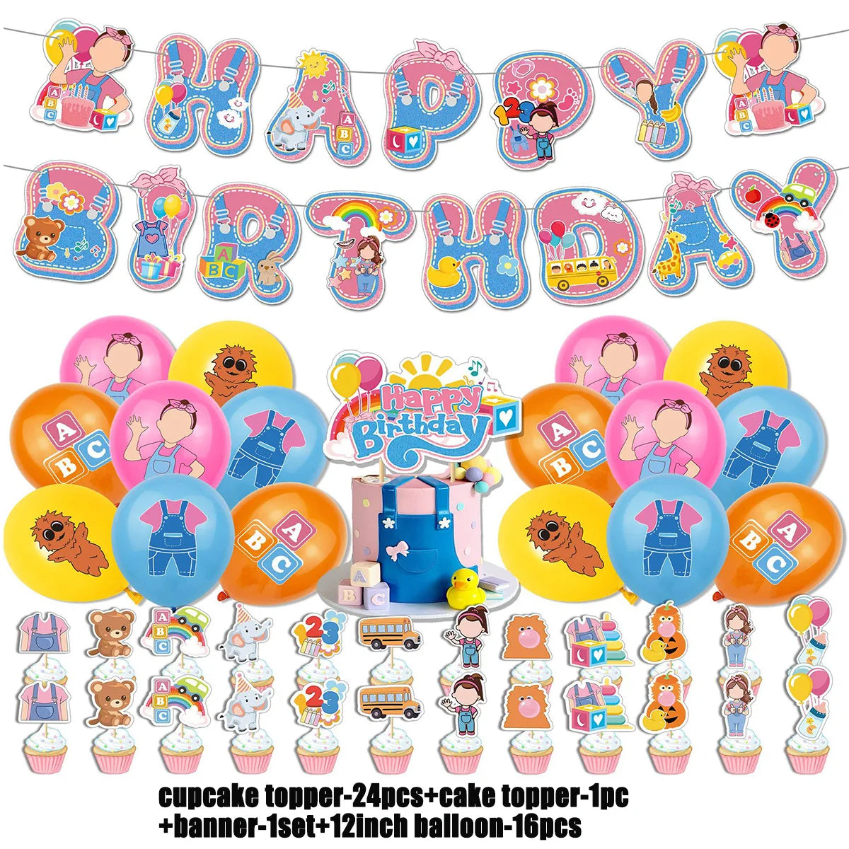 Cartoon English Teacher Theme Child Birthday Party Decor Ms&Racheled Balloon Banner Backdrops Cupcake Toppers for Kids Gifts