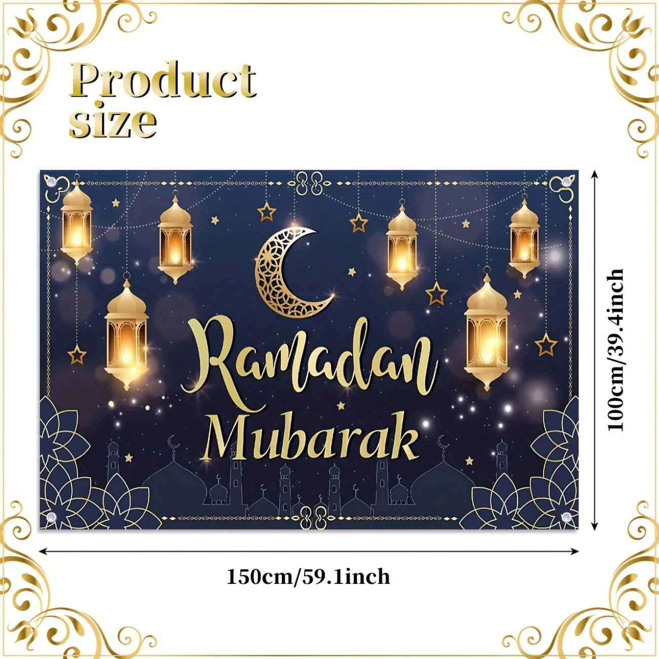 1pc Ramadan Mubarak Banner Blue polyester Eid al-Fitr indoor/outdoor decoration, festival hanging for family gatherings