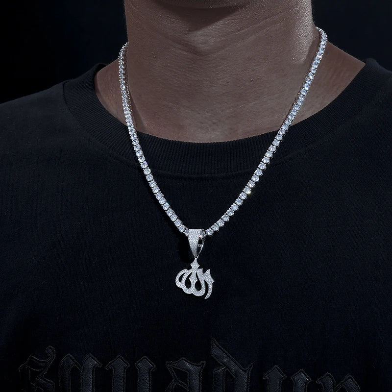 Moissanite Sparkling Full Diamond Islam Muslim Rune Pattern Pendant Allah Religious Necklace 925 Sterling Silver Men's Jewelry