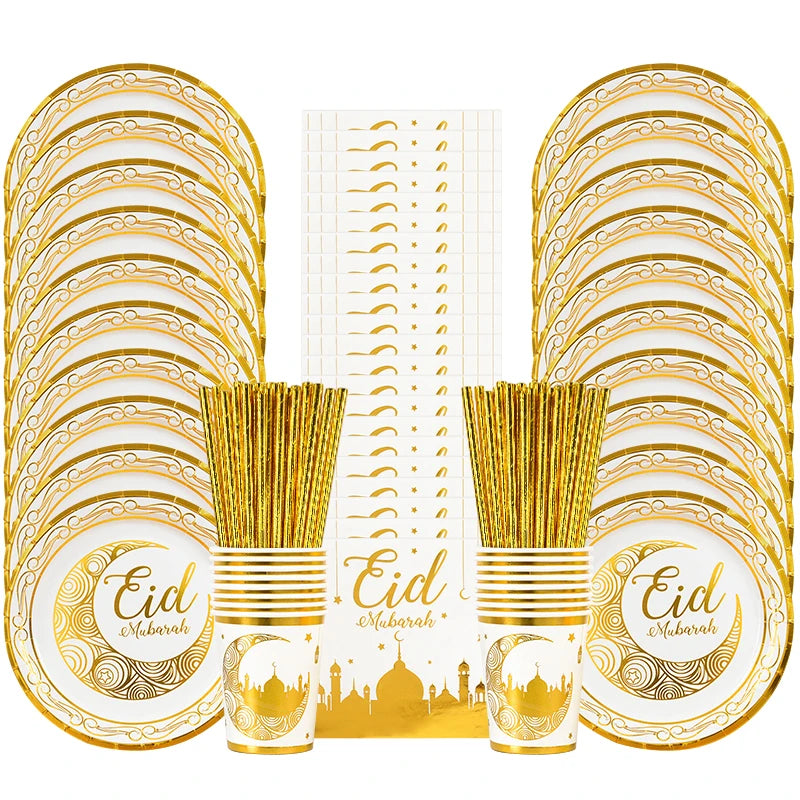 Eid Mubarak Party Tableware Set Gold Disposable Plate Cup Napkins Banner 2026 Islamic Muslim Supplies Ramadan Kareem Decorations