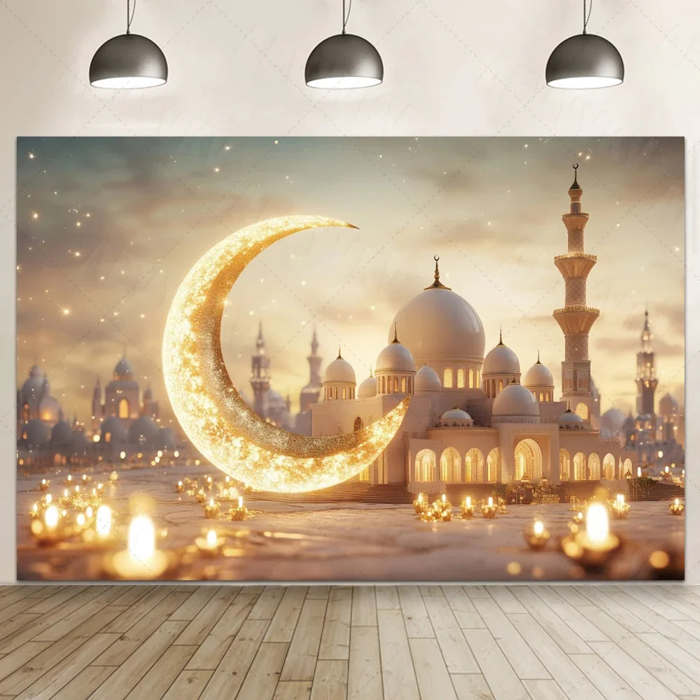 Ramadan Eid Mosque Photo Booth Backdrop Customizable Islamic Party Decoration Green Gold Banner Photography Studio Background