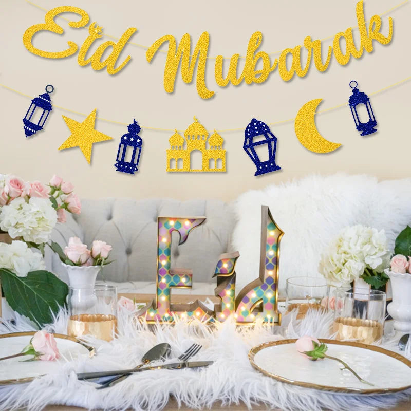 EID Mubarak Banner Glitter Star Moon Letter Paper Bunting Garland Islamic Muslim Party Ramadan Kareem Decorations for Home 2026