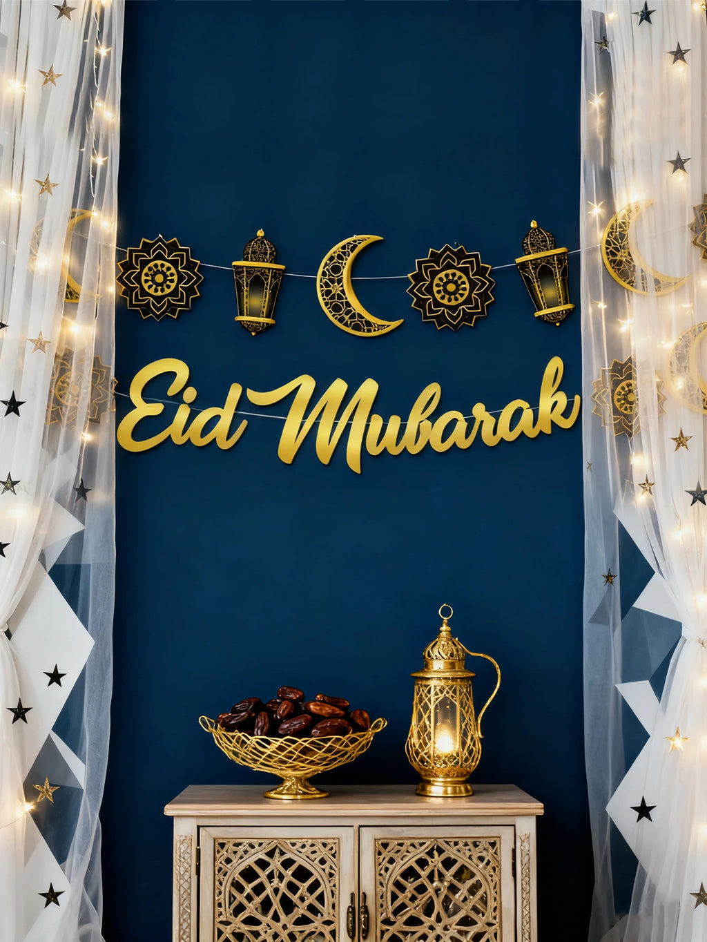 1pc Eid Mubarak Wall Hanging Golden Moon Lantern Floral Pattern Banner Festive Home Decor for Ramadan &Eid Party Decoration Gift