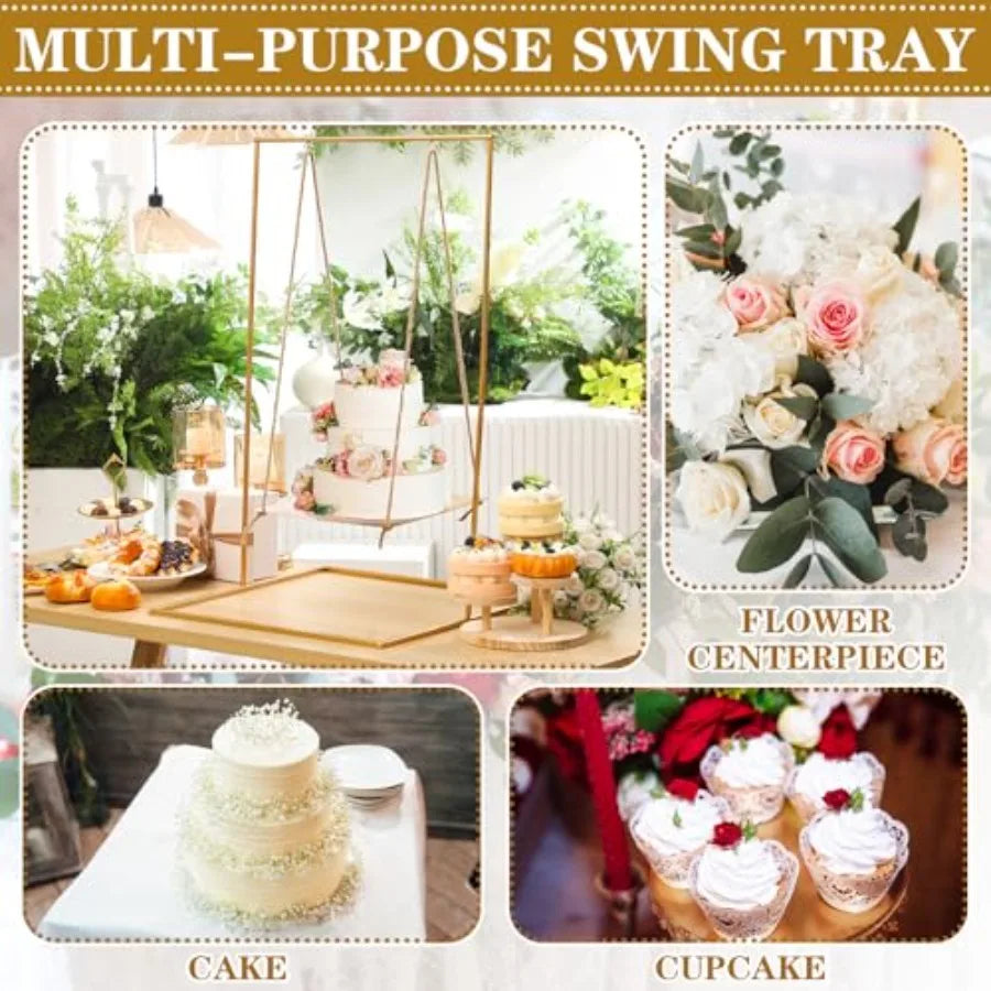 Gold Metal Swing Cake Stand 2.8 Feet Tall Hanging Dessert Display Centerpiece with Jute Rope Floating Cake Stand for Wedding Bir