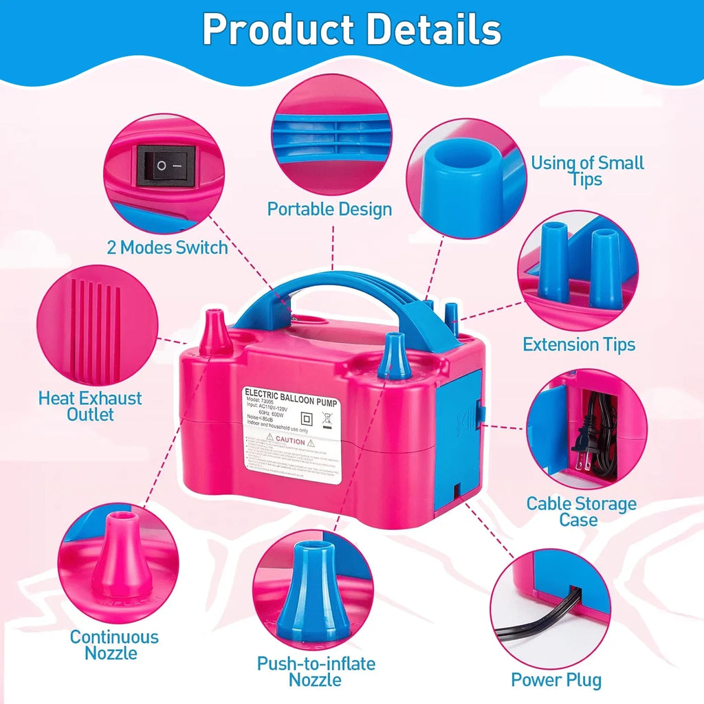 Double Nozzle Electric Balloon Inflation Pump, 600W Portable Balloon Pump for All Balloon Arch Party Birthday Wedding Decoration