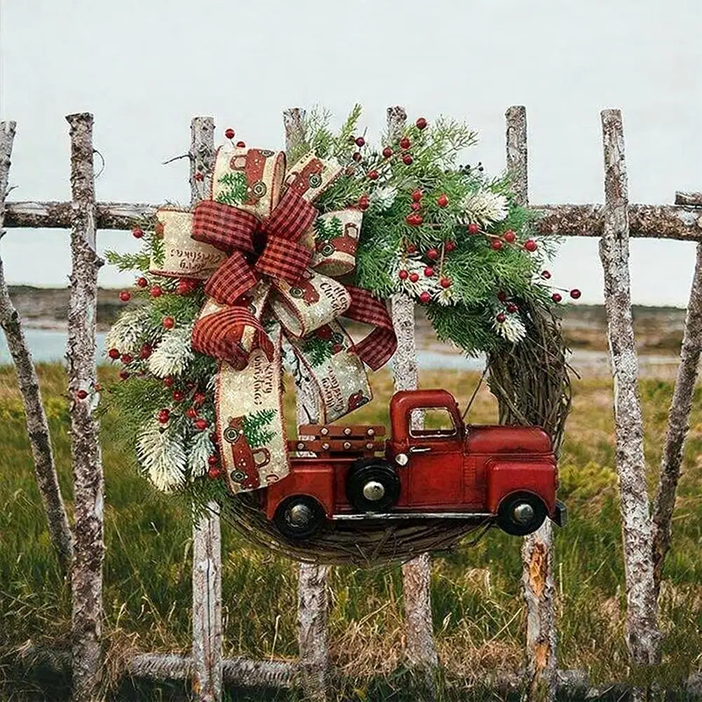 1pcs Farmhouse Christmas Wreath 35x43cm Red Truck Straw Decor Door Hanger For Home Indoor Outdoor Holiday Christmas Decoration