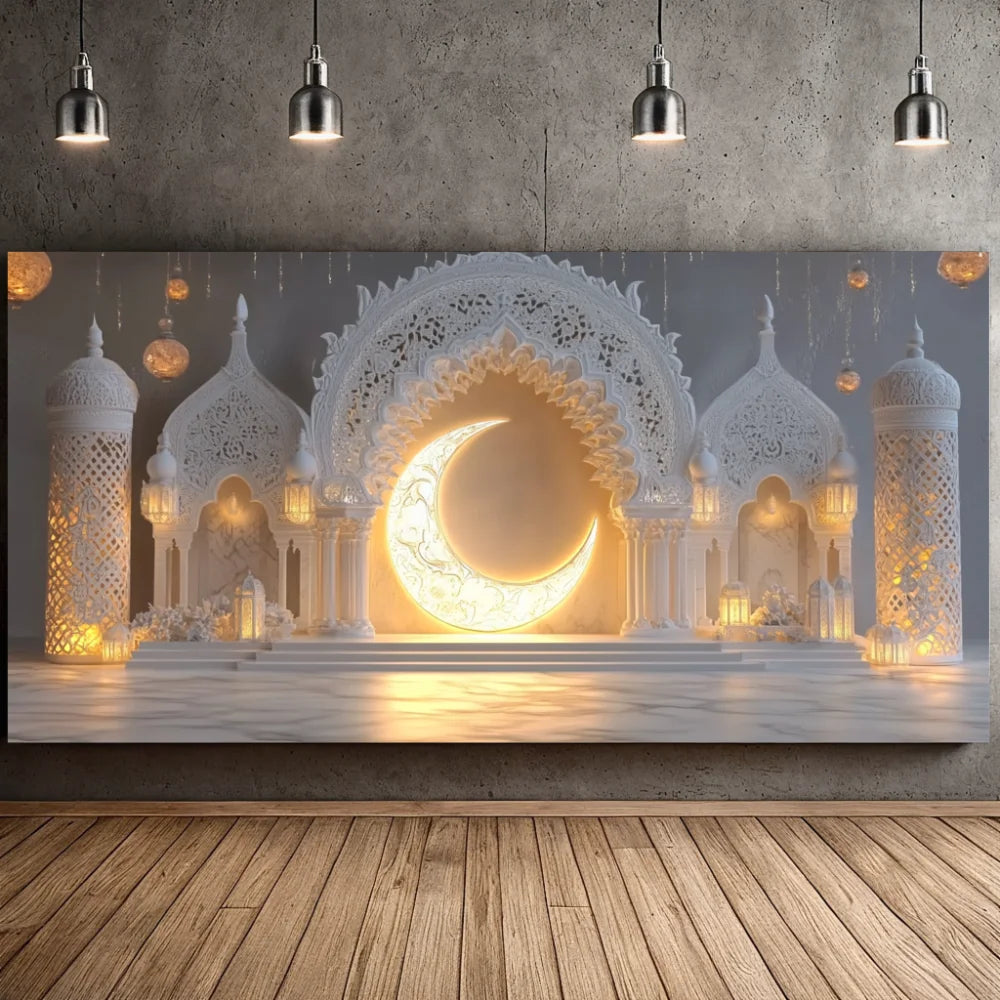 Golden Moon Eid Mubarak 2025 Decor Banner Background Lights Ramadan Kareem Islamic Building Muslim House Party Photo Backdrop
