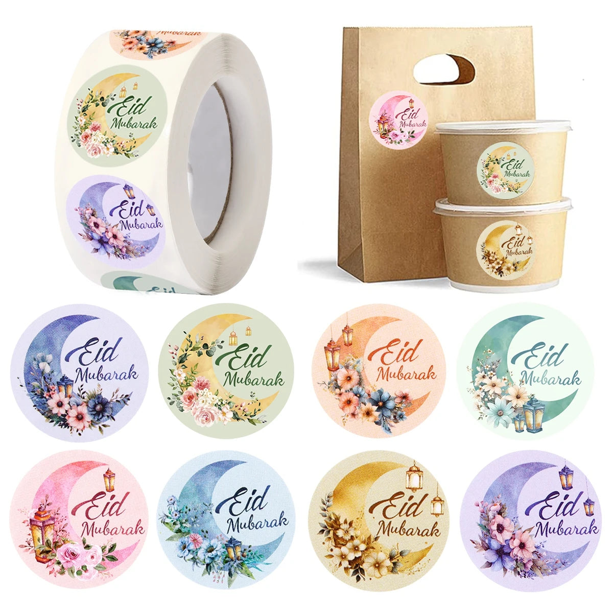 500Pcs EID Mubarak Stickers Colorful Box Seal Lables Ramadan Kareem Paper Sticker Islamic Muslim Party DIY Decorations 2025