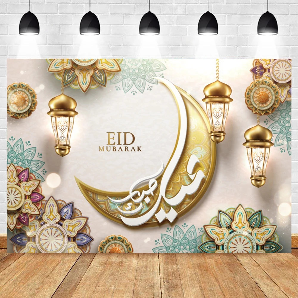 Ramadan Kareem Photography Backdrop EID Mubarak Islamic Mosque Lamps Moon Star White Cloud Photo Background Studio Poster Decor