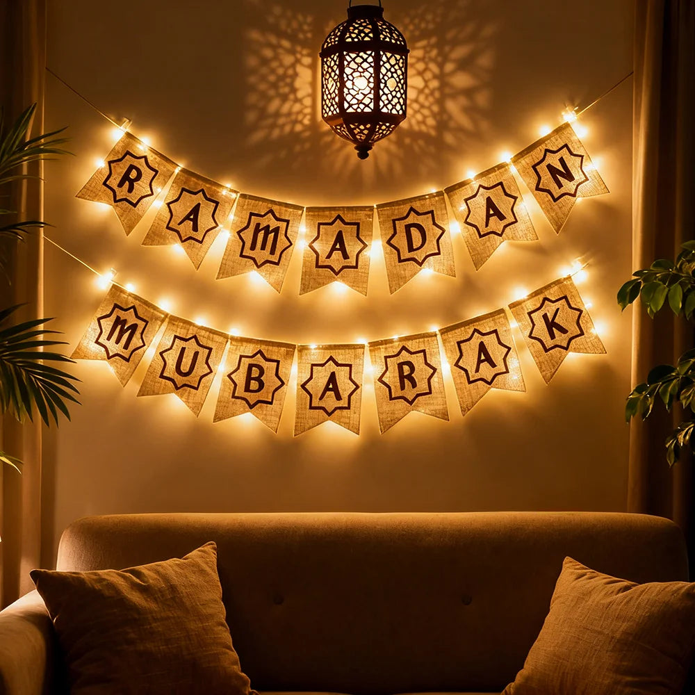 Ramadan mubarak Hessian Bunting Muslim Islamic Kareem Eid Al-Fitr home Dessert table wall Hanging decoration Sign backdrop gift