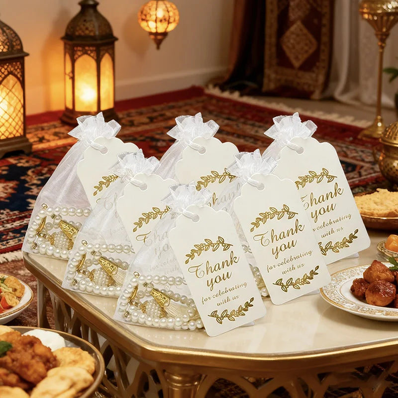 15/30Pcs EID Mubarak Glass Pearls Tassel with Bags and Paper Tag Muslim Islam Prayer Beads Bracelet Hanging Ornament Party Gifts