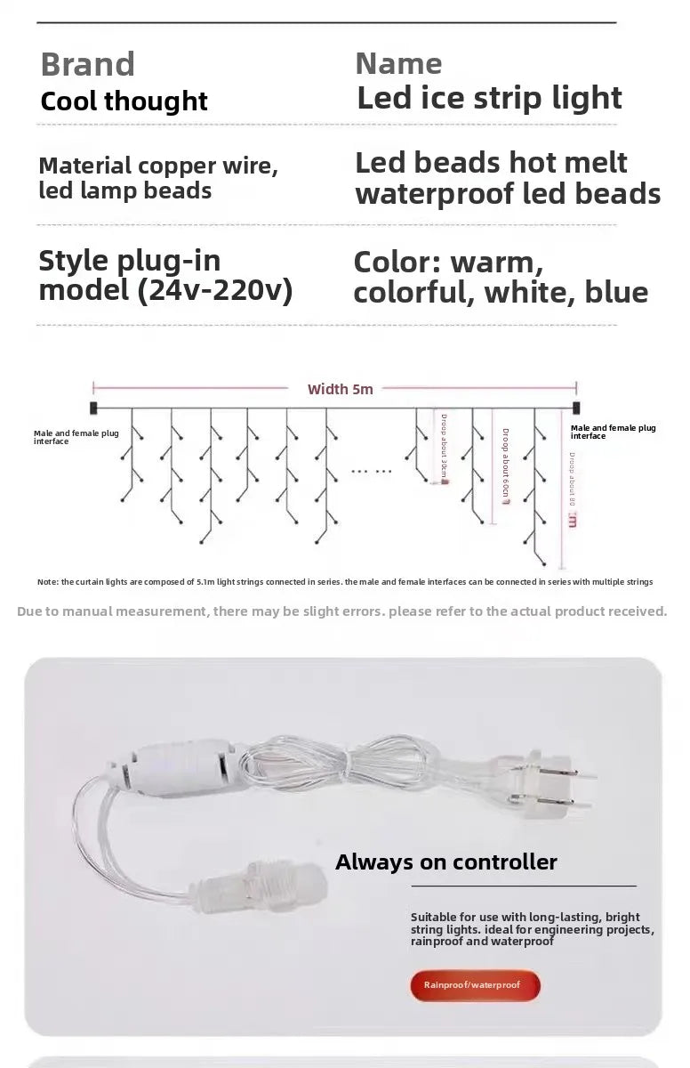 LED Ice Strip Waterfall Light String – Outdoor Waterproof Starry Sky Decoration