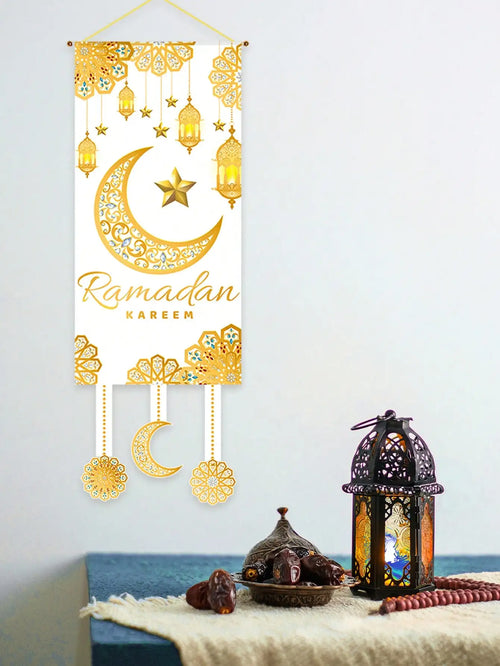 1Pc Ramadan Kareem Decorative Door Hanging Golden Star and Moon Lantern Flag Muslim Festival Party Decoration Banner Home Doorway Decorative Cloth