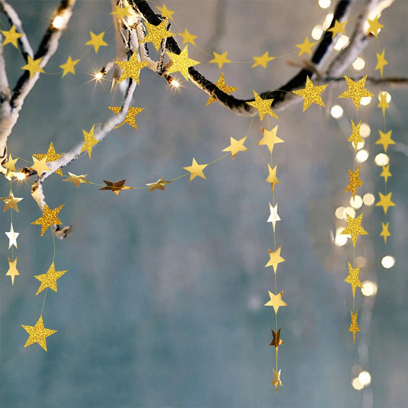 Gold EID Party Decorations Happy Birthday Banners Circle Twinkle Star Garland Metallic Tinsel Banners Hanging Streamer Backdrop