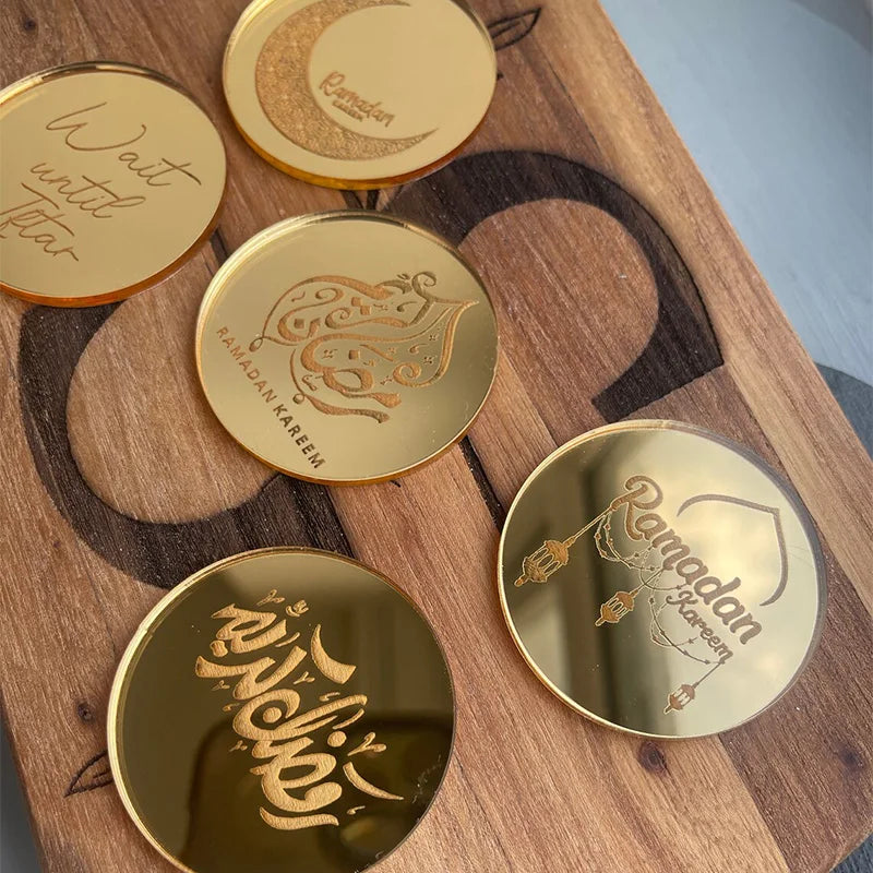 5pcs Eid Mubarak Acrylic Disc Cupcake Topper Charm Disc Muslim Islamic Ramadan Kareem Eid Al-Fitr iftar Dessert Table decoration