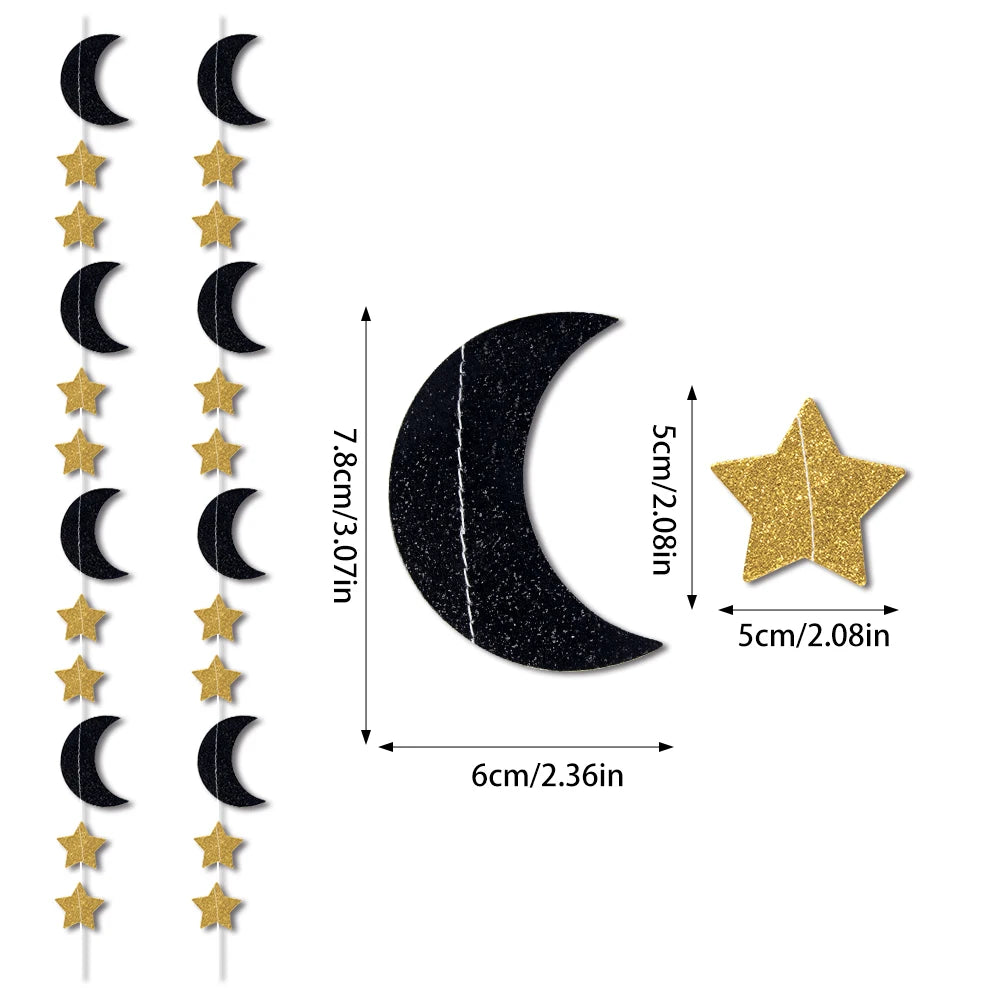 Glitter Gold Star Moon Banner Ramadan Paper Garland Hanging Decoration Ramadan Kareem Eid-al-fitr Islamic Eid Mubarak Decoration