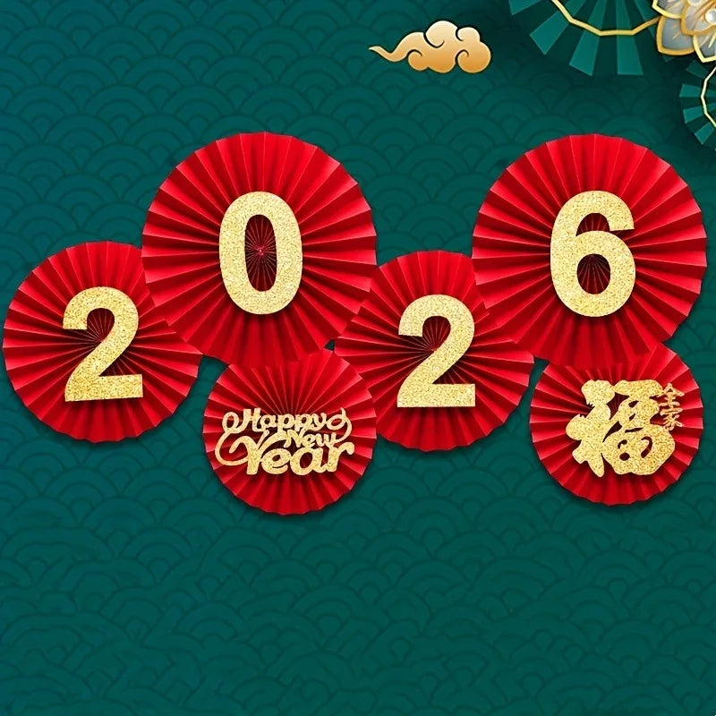6pcs 11.42inch,9.84inch,7.48inch New Year Red&Golden Paper Fans-Traditional Decoration with Dragon,Phoenix,Lanterns-Wall Hanging