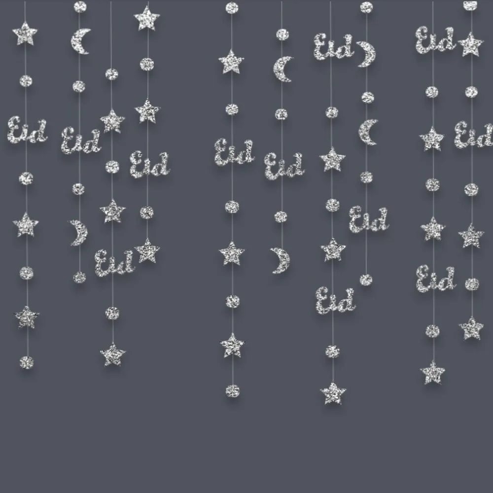 Gold Silver Eid Mubarak Banners Glitter Paper DIY Paper Ramadan Kareem Decor Pull Flag Ceiling Hanging Hang Garland