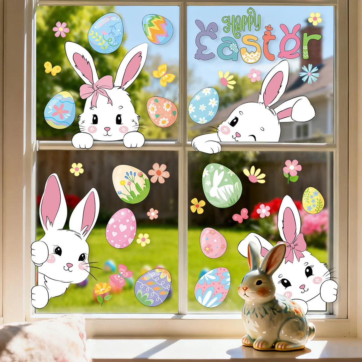 6 Sheets Happy Easter Decorations Window Clings Bunny Eggs No Glue Stickers Static Glass Decal Spring Party Home Decor Kids Gift