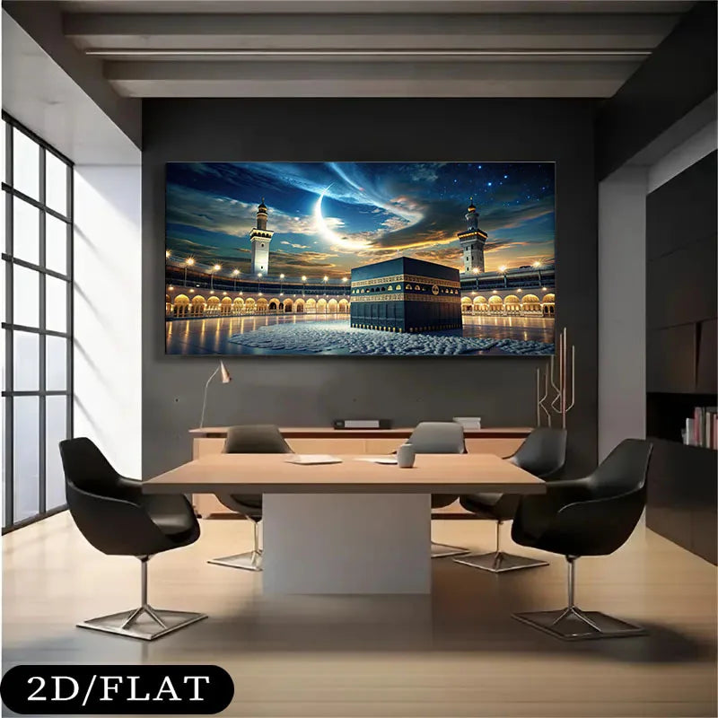 Kaaba At Mecca with Crescent Moon & Starry Sky Canvas Painting Wall Art, Frameless Large Islamic Wall Art for Living Room Decor