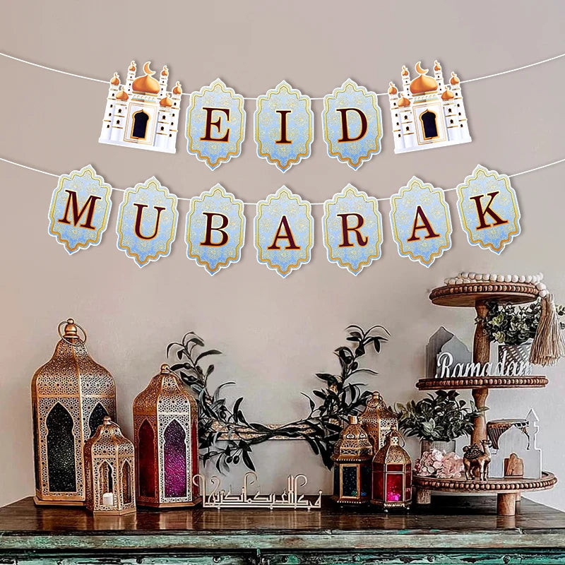 Ramadan Banner Flag 2025 Eid Mubarak Paper Garland Islamic Muslim Party Hanging Ornaments Ramadan Kareem Decorations for Home