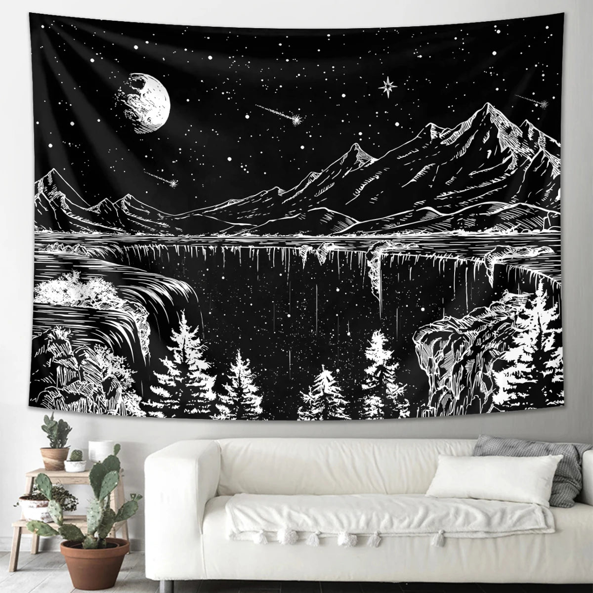 1pc Black and white abstract landscape tapestry, starry night mountain tapestry, bedroom aesthetic moon and star tapestry