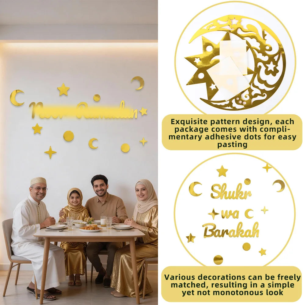 Ramadan Eid Moon Festival Party Decor - Gold Hollow - Star Crescent Letter Wall & Window Stickers