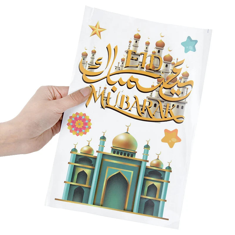 Eid Mubarak Ramadan Decorative Stickers 9pcs Islamic Patterns Self-Adhesive For Wall Window Gift Packaging Party Decor Supplies
