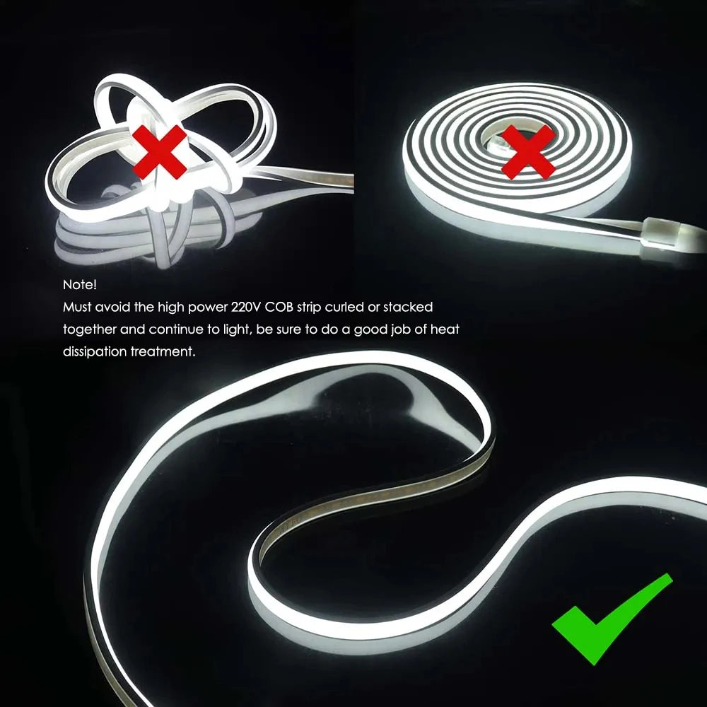 COB LED Strip Neon Light 220V EU UK Plug 288LEDs/M RA90 Flexible Tape Waterproof Led Ribbon for Kitchen Outdoor Garden Lighting