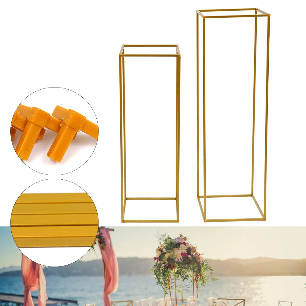 2Pcs Tabletop Flower Stands Metal Square Floral Decor Vase Floor Column Holder Gold Display Rack Road Guide for Wedding Party