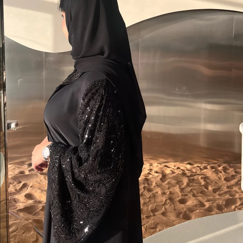 2025 Ramadan Black Beaded Abaya with Hijab – Luxury Dubai Muslim Dress