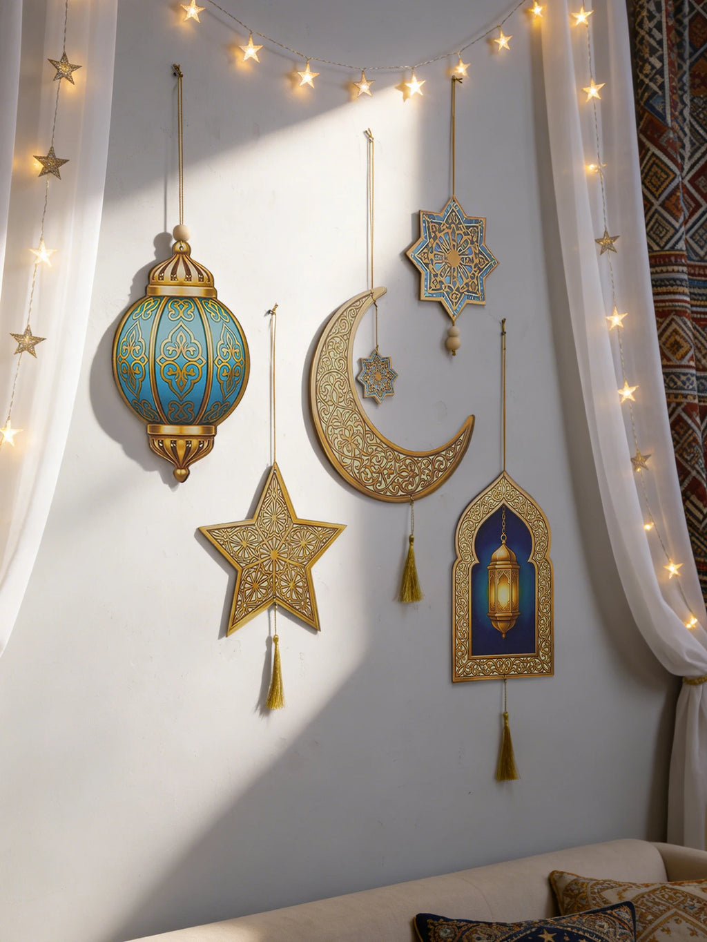 Ramadan Kareem Wall Hanging Decor Islamic Moon Star Lantern Ornaments with Tassel Muslim Festival Decoration for Home Party Gift