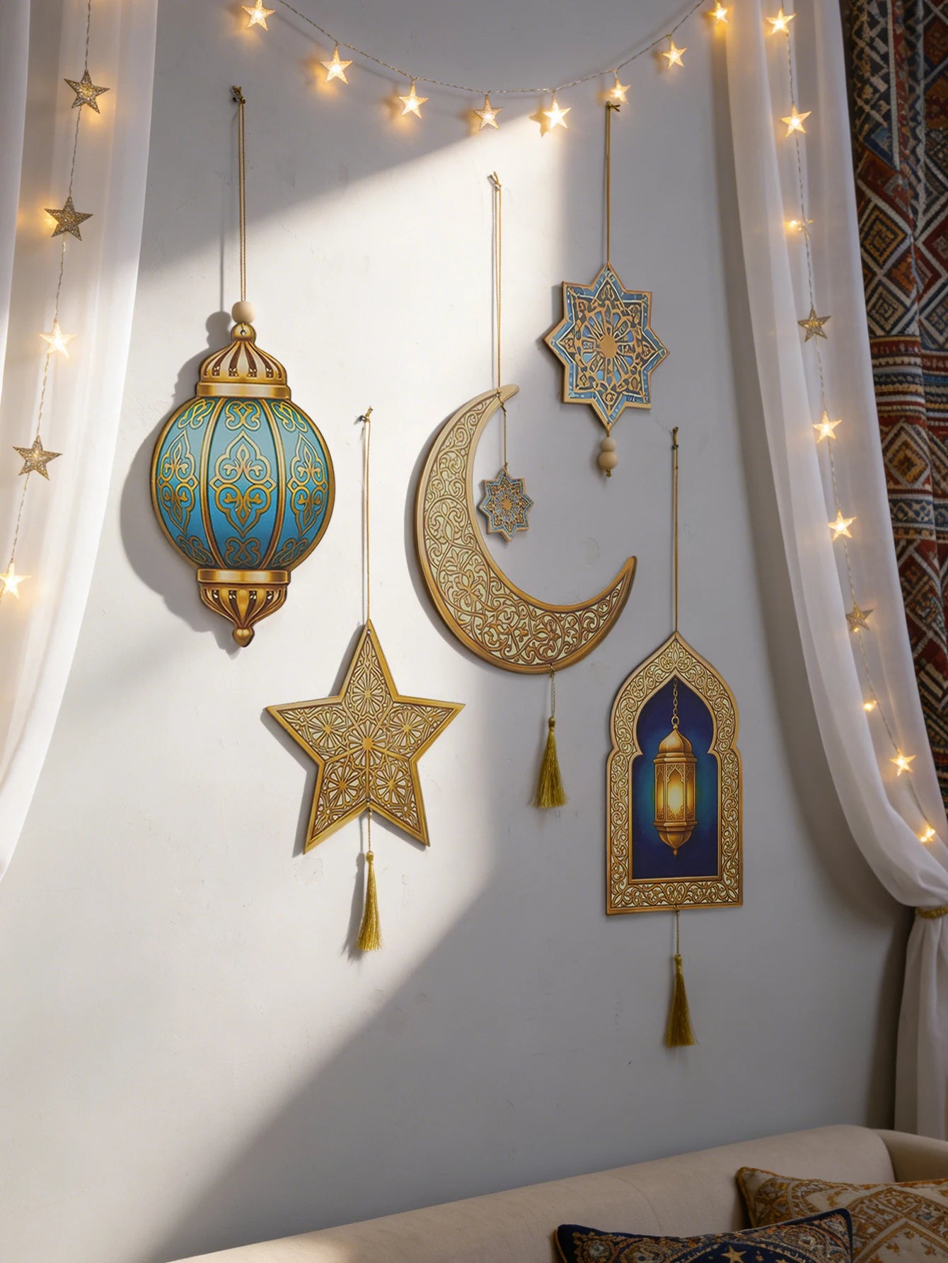 Ramadan Kareem Wall Hanging Decor Islamic Moon Star Lantern Ornaments with Tassel Muslim Festival Decoration for Home Party Gift