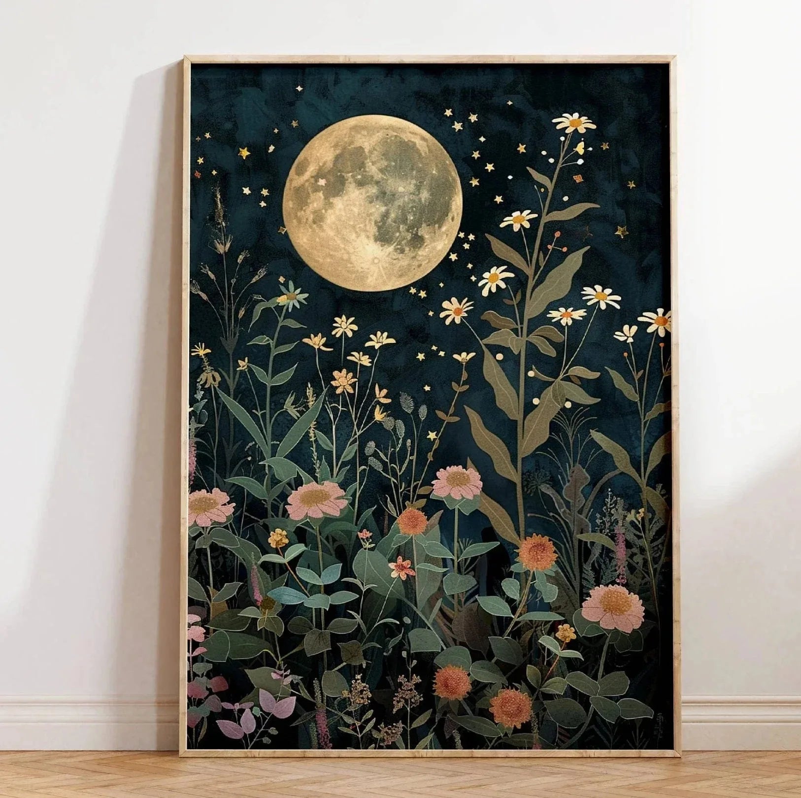1pc Crescent Moon in Starry Night Sky Folk Art Floral Moon Stars Canvas Print Eclectic Decor Vintage Nature Wall Art Moody Decor