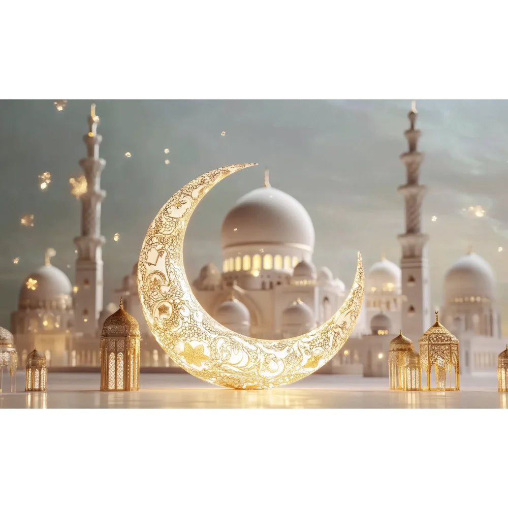Golden Moon Eid Mubarak 2025 Decor Banner Background Lights Ramadan Kareem Islamic Building Muslim House Party Photo Backdrop