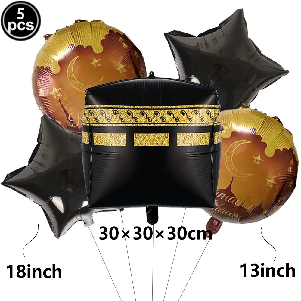 5pcs Eid Mubarak Balloons Decors Ramadan Lantern Moon Star Shape Moon Castle Pattern Foil Balloons Islamic Muslims Party Supplie