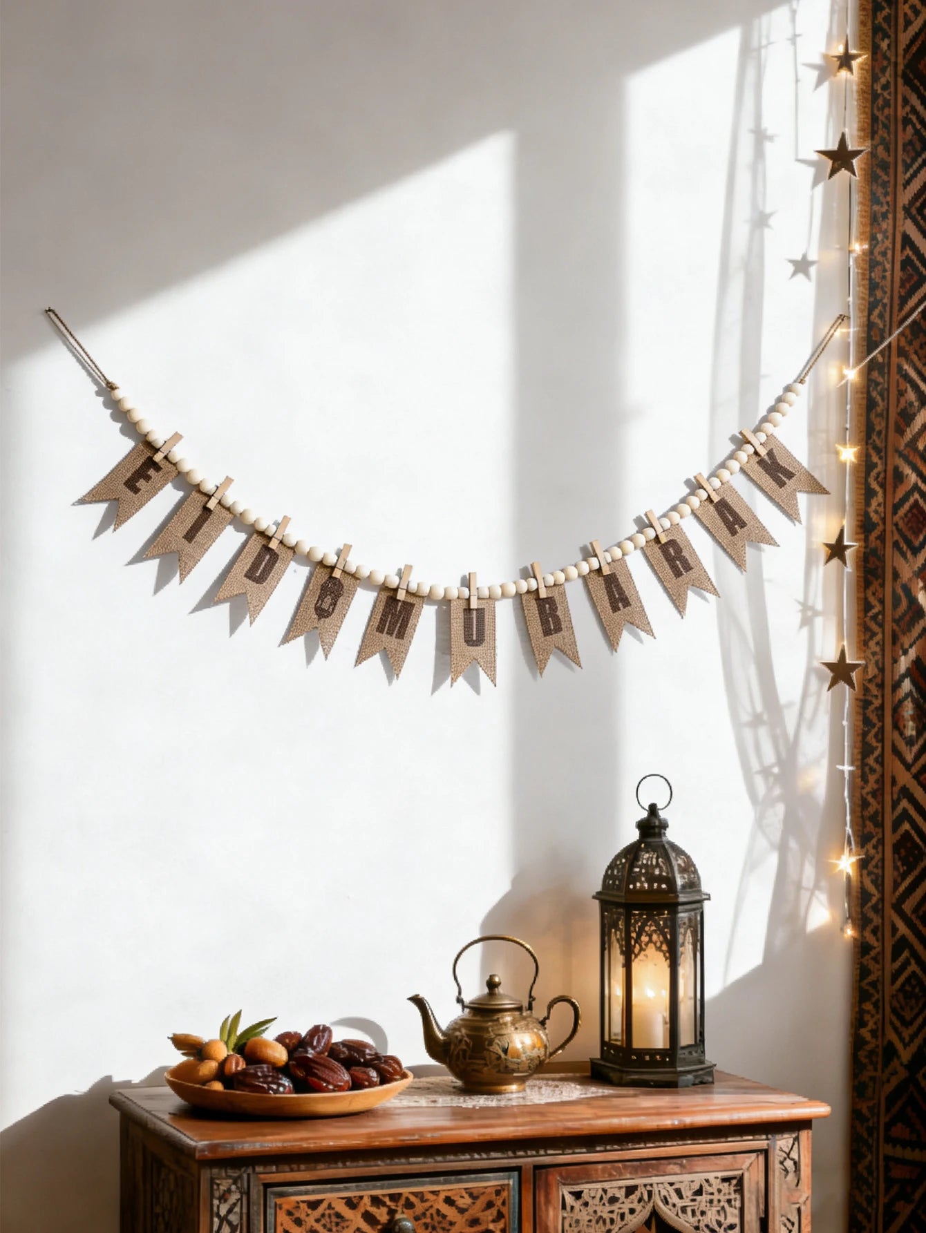 Eid Mubarak Burlap Banner Garland Wooden Bead Clothespin Hanging Ornaments for Muslim Festival Home Party Wall Window Decor Gift