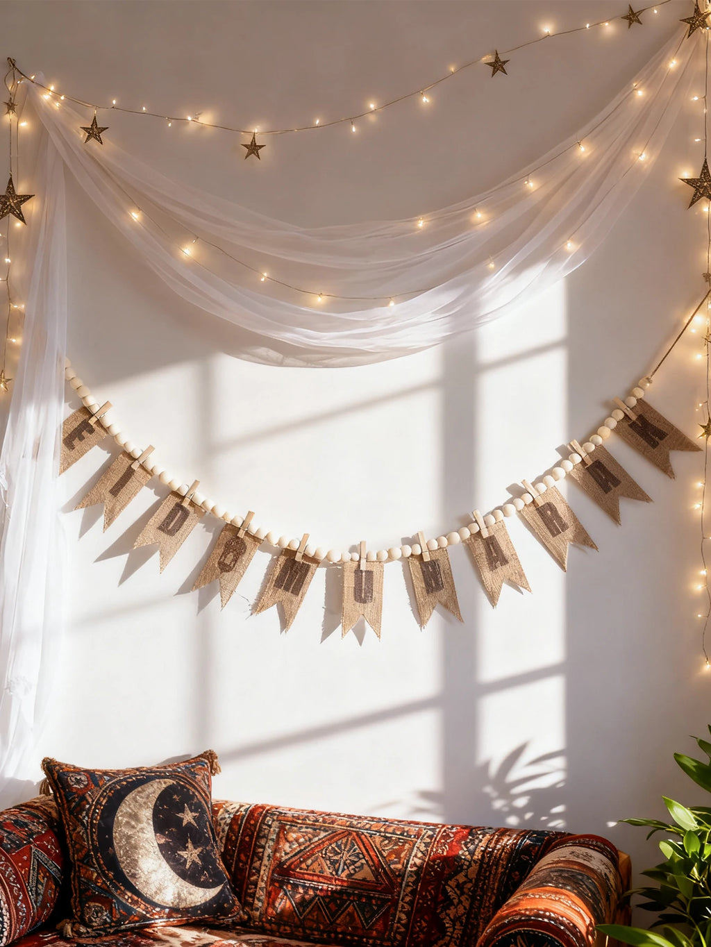Eid Mubarak Burlap Banner Garland Wooden Bead Clothespin Hanging Ornaments for Muslim Festival Home Party Wall Window Decor Gift